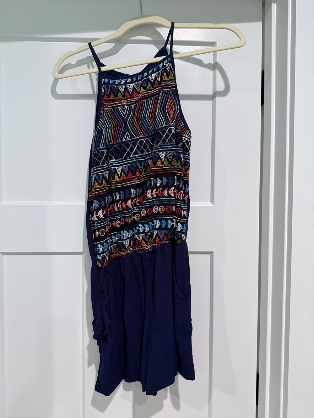 I.N. Navy Embroidered Halter Romper-Size M